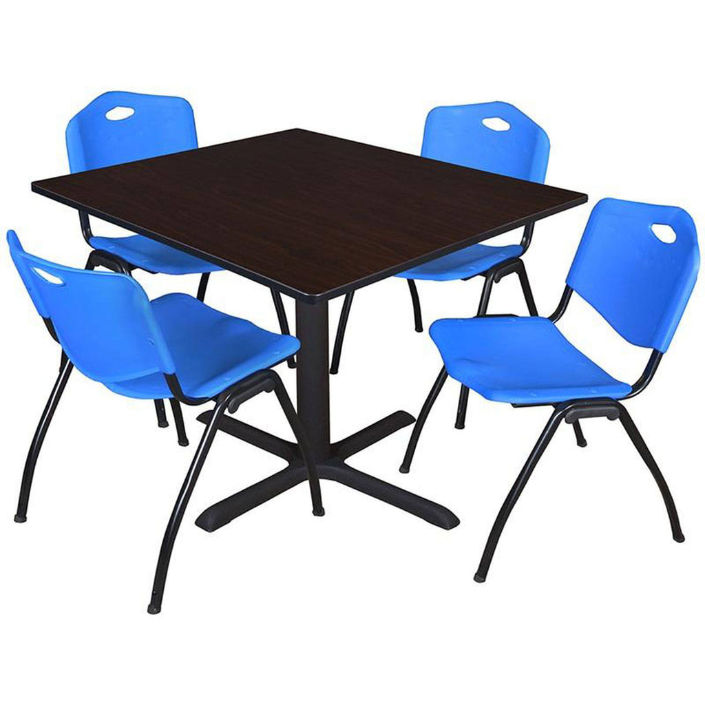 Mocha Walnut Square Breakroom Table with 4 Blue Stack Chairs G396