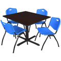 Mocha Walnut Square Breakroom Table with 4 Blue Stack Chairs G396
