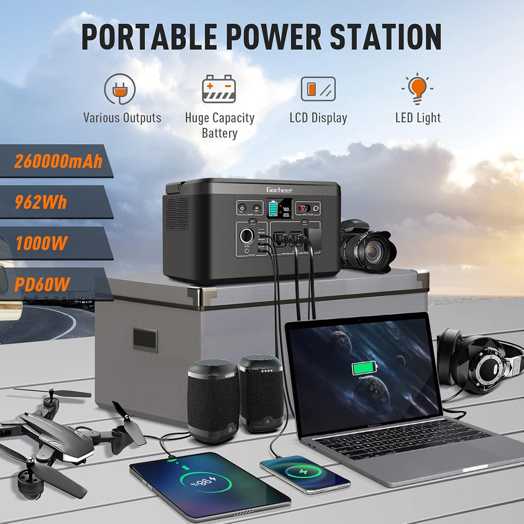 1000W Portable Power Station 962Wh 260000mAh Solar Generator with 3x110V AC Outlets T727263