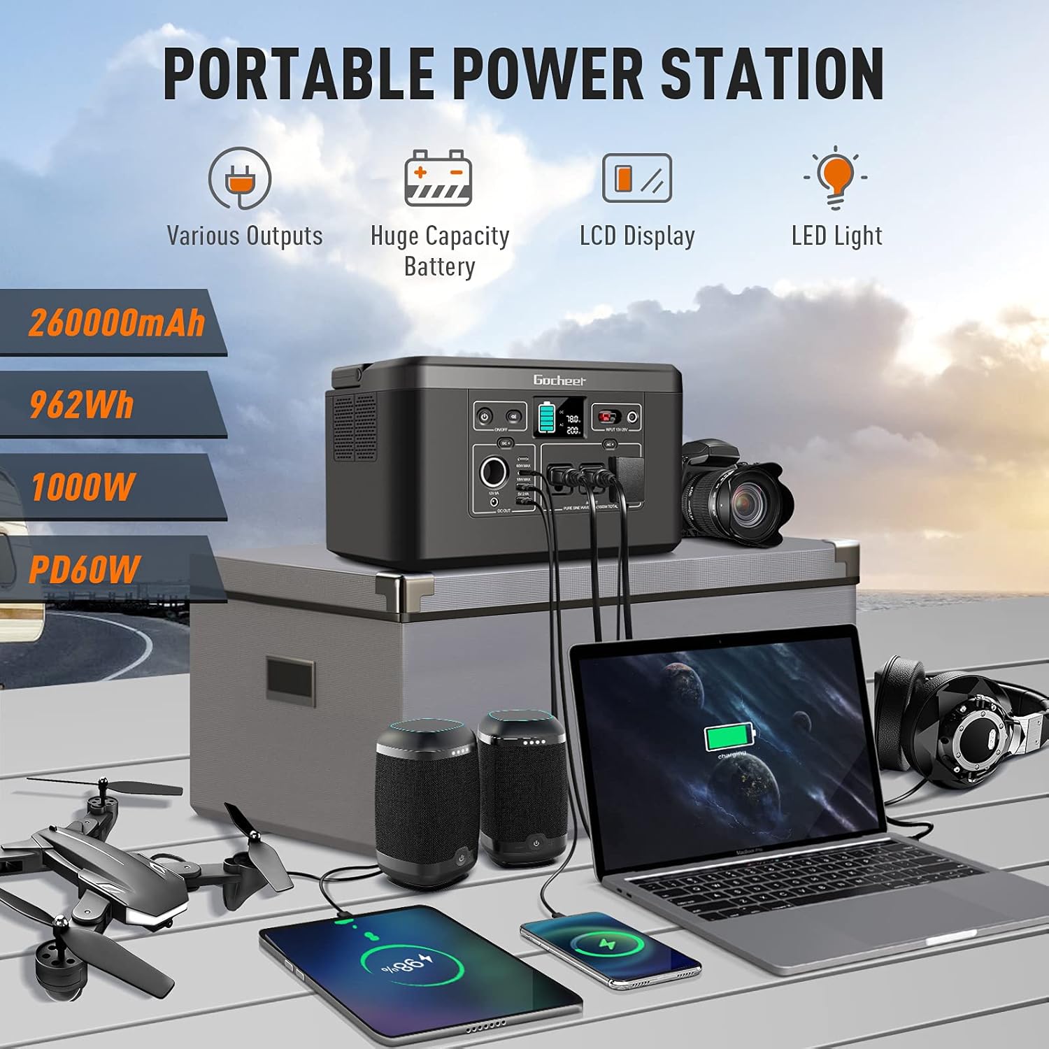 1000W Portable Power Station 962Wh 260000mAh Solar Generator with 3x110V AC Outlets T727263