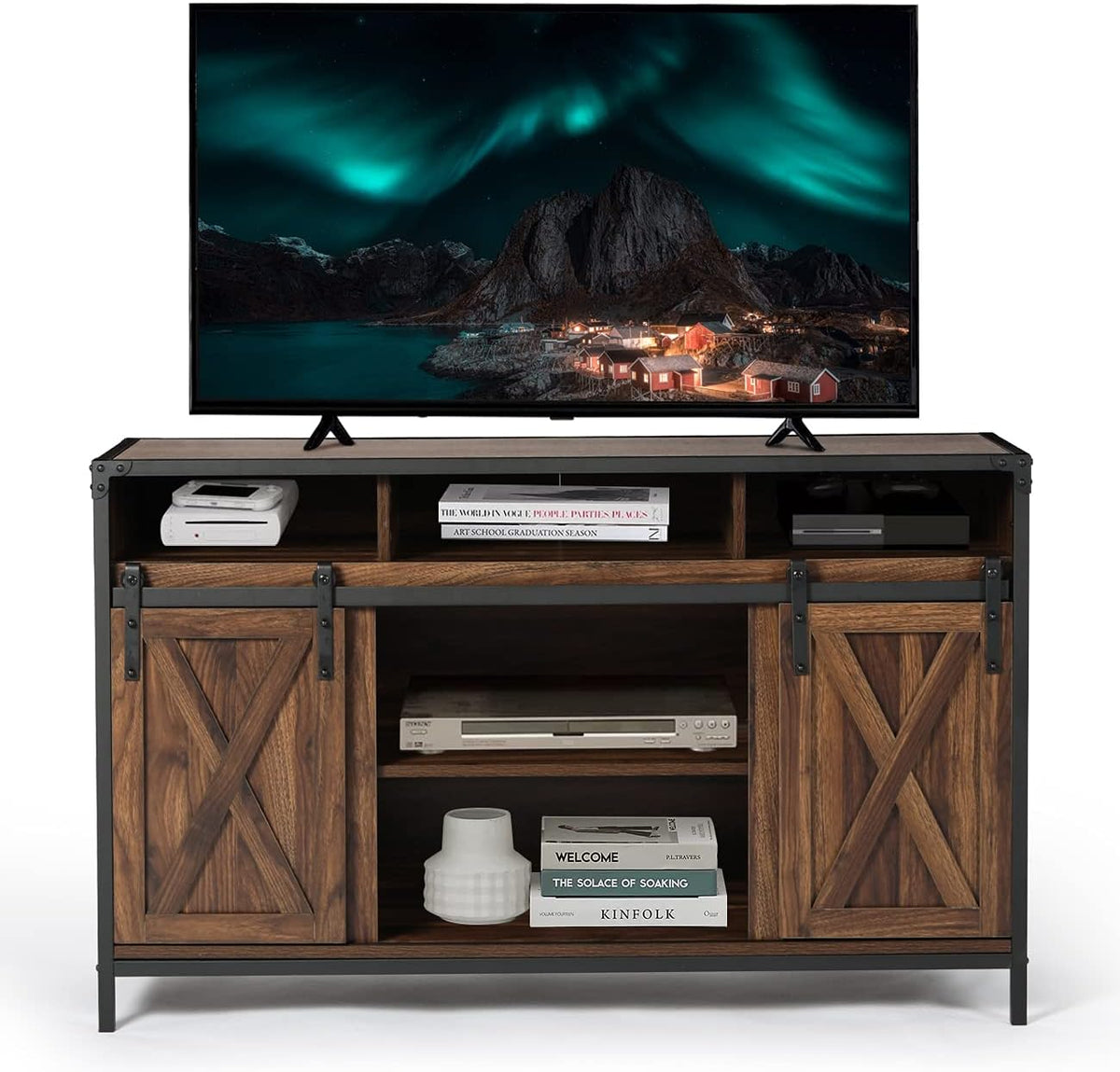 Barn Door Wood Electric Fireplace TV Stand with Storage Cabinets and Infrared Heater I803559