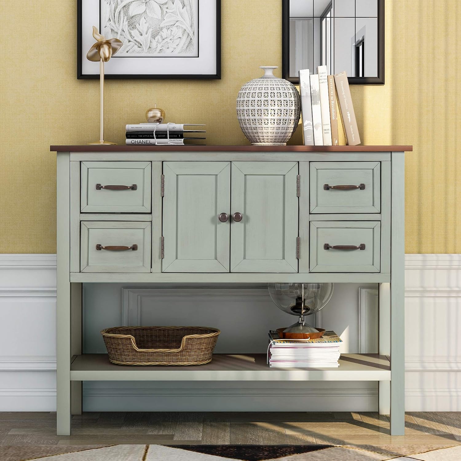 Espresso Wood Console Table with 2 Drawers, 2 Cabinets, 1 Shelf O708
