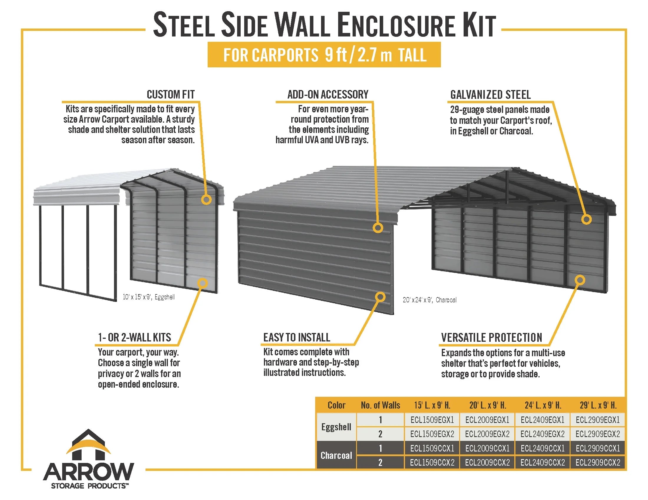 Galvanized Steel Carport Kit, 12' x 20' x 9' Z7361