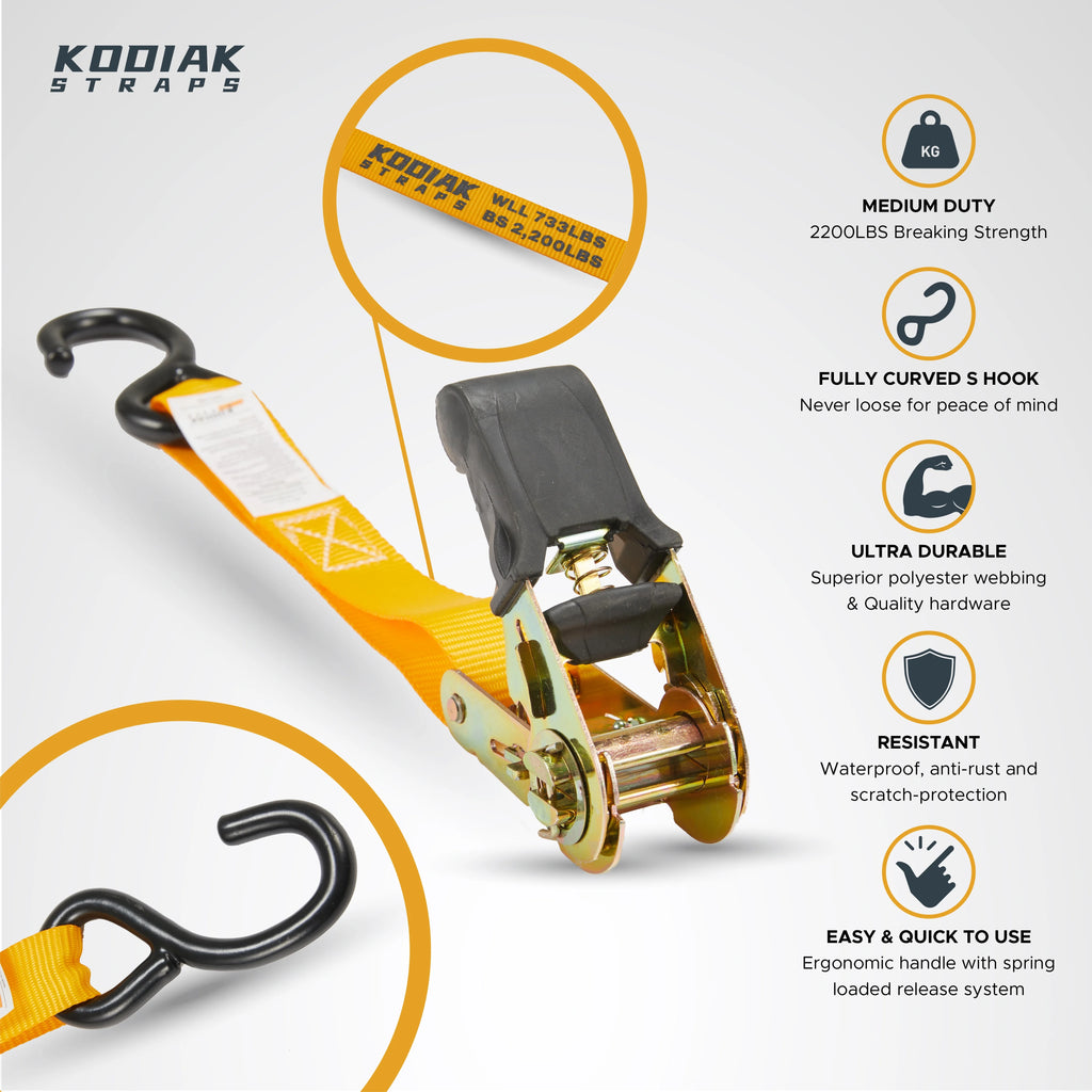 Ratchet Straps Heavy Duty Tie Down Strap Set 2200 Break Strength 1" x 17' 4pk with Soft Loops Coated Deep S-Hook & Carry Bag D67771