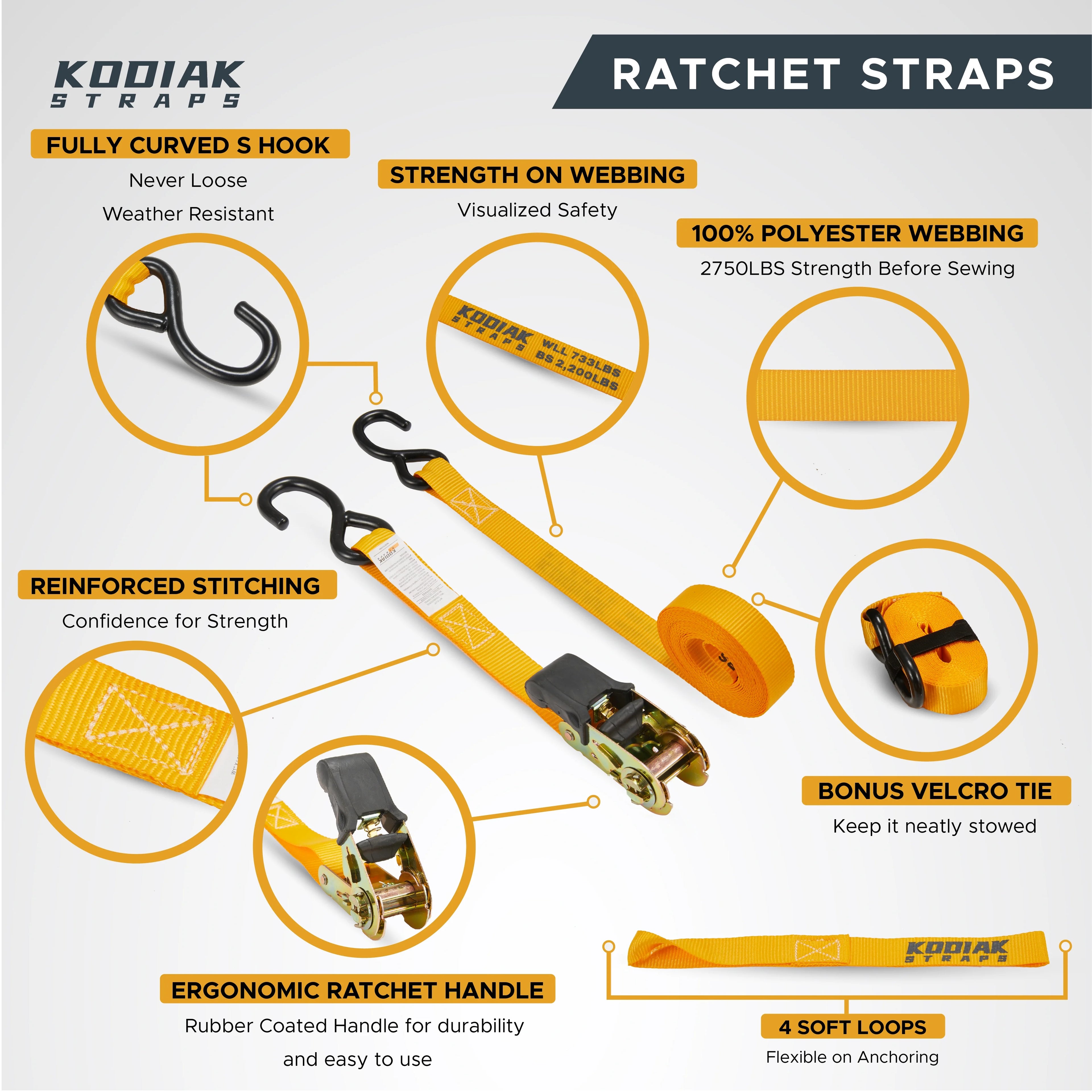 Ratchet Straps Heavy Duty Tie Down Strap Set 2200 Break Strength 1" x 17' 4pk with Soft Loops Coated Deep S-Hook & Carry Bag D67771