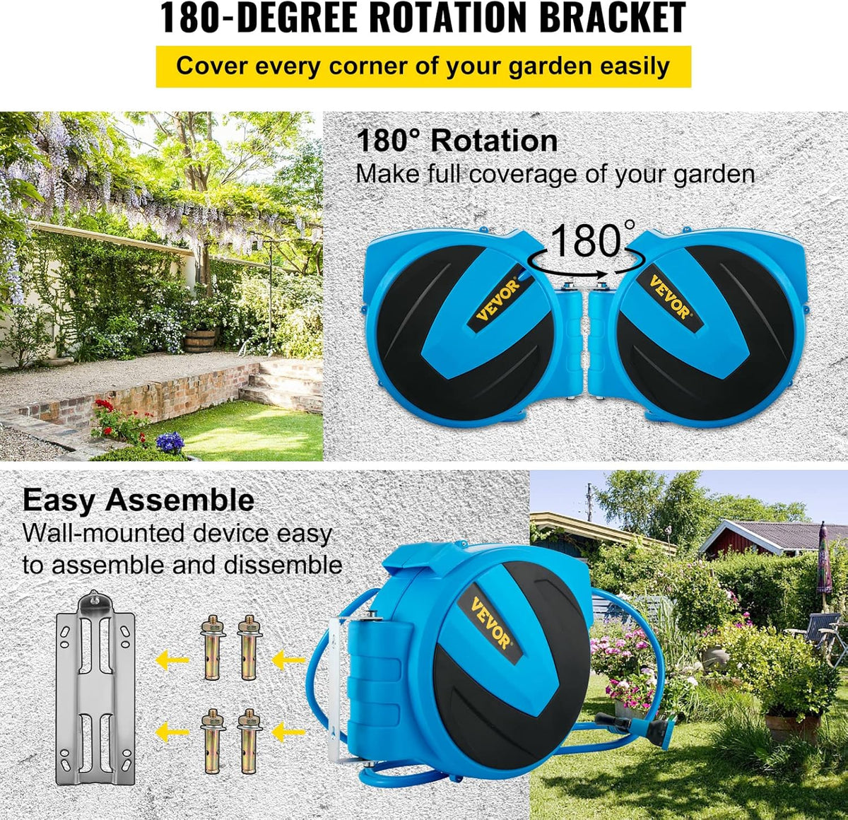 Retractable Hose Reel, 5/8 inch x 50 ft, Wall Mounted Garden Hose Reel, Blue Pack of 2 C835