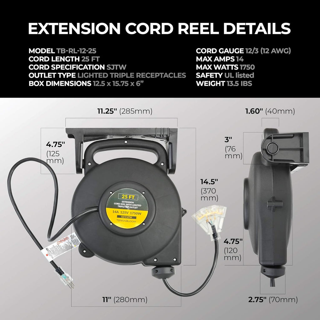 25 Ft 12/3 Retractable Extension Cord Reel with 3 Electrical Outlets Black V5264