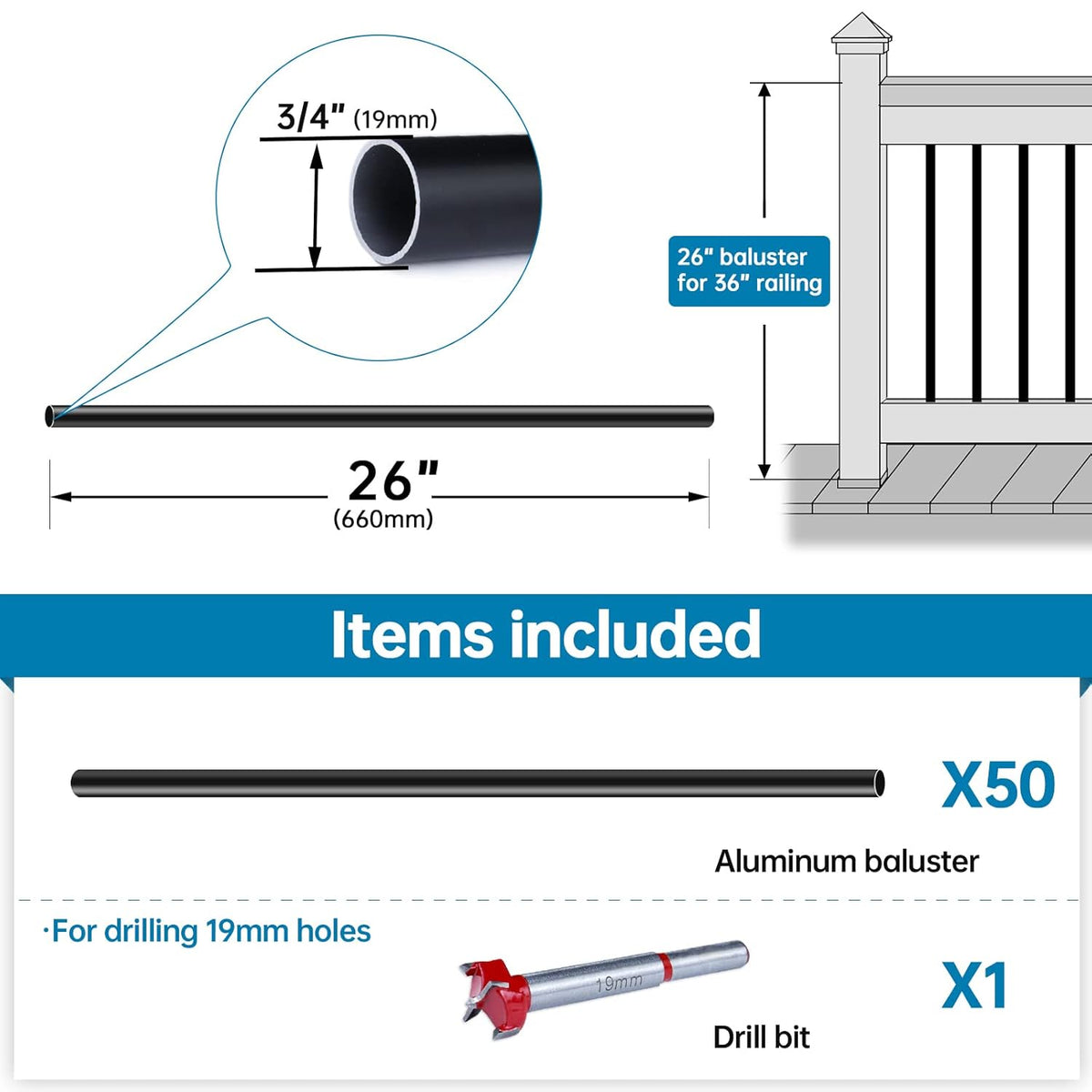 50pack 26" x 3/4" Black Aluminum Deck Balusters T648205
