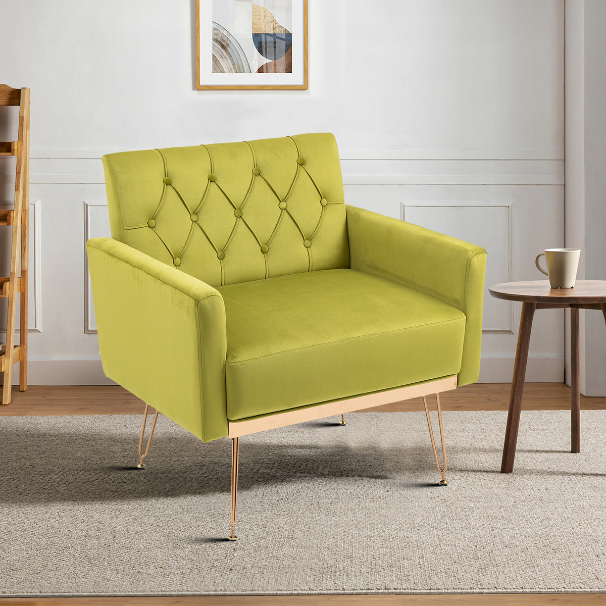 Olive Green Velvet Upholstered Accent Chair with Button Tufted Design and Metal Legs V714174
