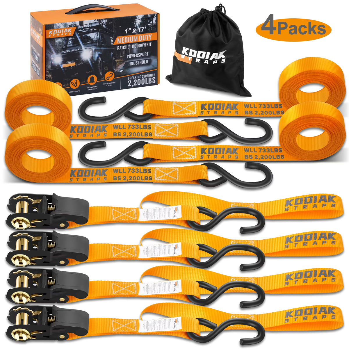 Ratchet Straps Heavy Duty Tie Down Strap Set 2200 Break Strength 1" x 17' 4pk with Soft Loops Coated Deep S-Hook & Carry Bag D67771