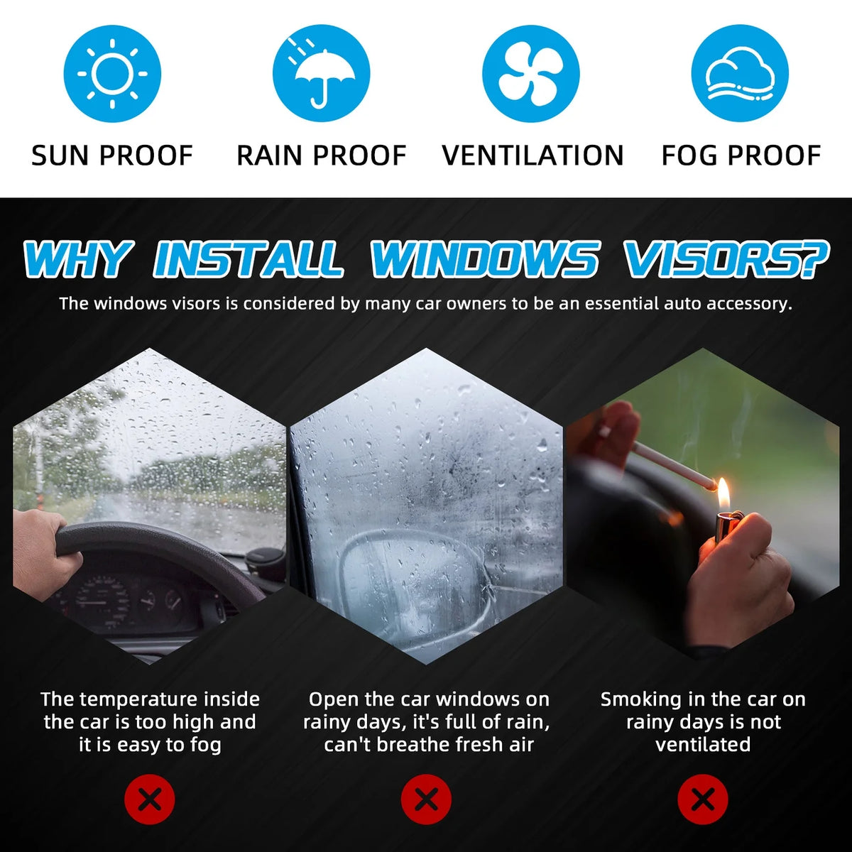 4Pcs Smoke Tinted Vent Window Visors With Chrome Trim I8873