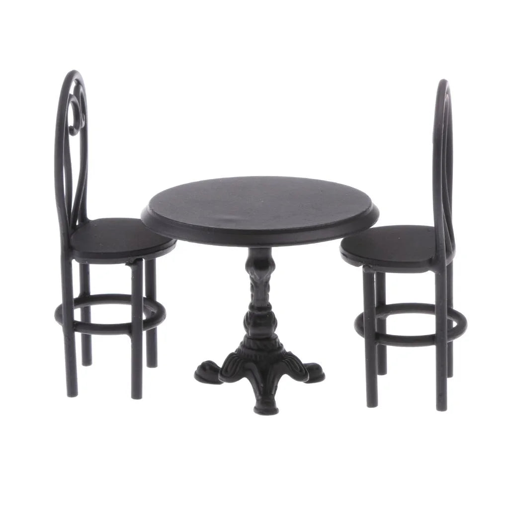 Black Dining Table Chairs Miniature Set 1:12 Dollhouse Furniture Toys W7854