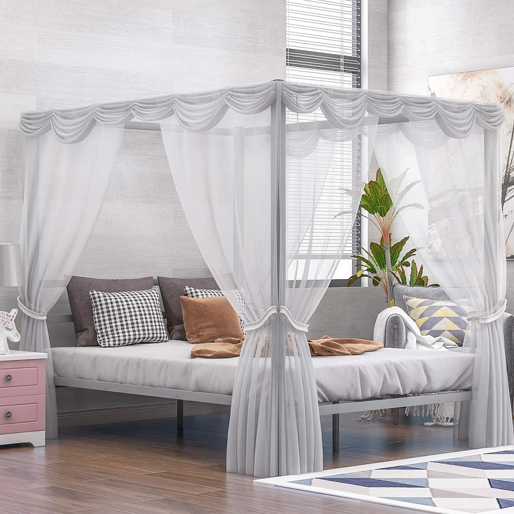Silver Queen Metal Canopy Bed Frame with Headboard C78277
