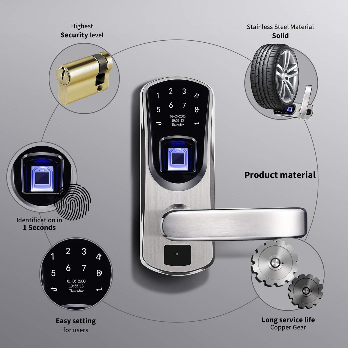 Smart Door Lock with Fingerprint Stainless Steel Touchscreen Q300