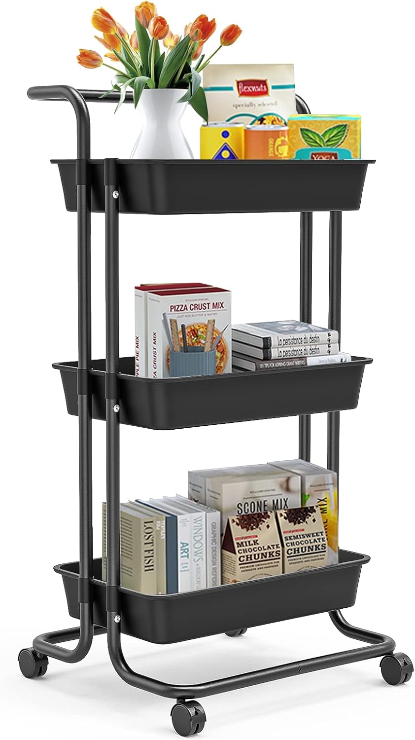 3 Tier Rolling Utility Cart with Removal Handle and 2 Lockable Wheels, Black K35398