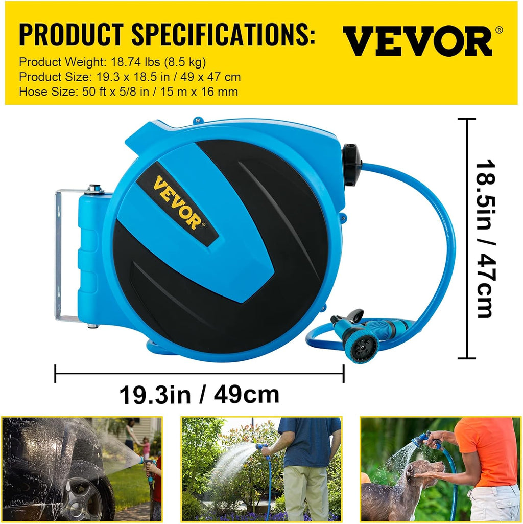Retractable Hose Reel, 5/8 inch x 50 ft, Wall Mounted Garden Hose Reel, Blue Pack of 2 C835