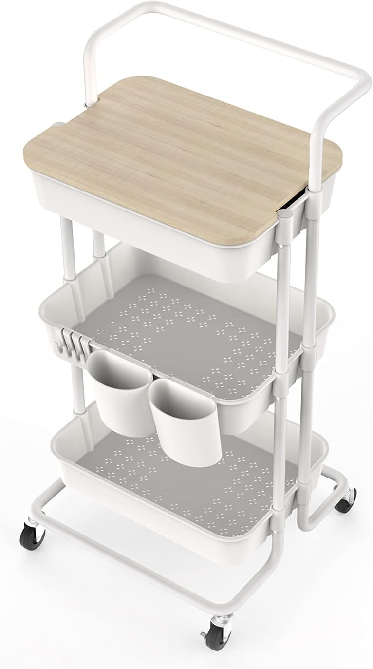 3 Tier Rolling Storage Cart with Cover Board, Handle and Locking Wheels R8789