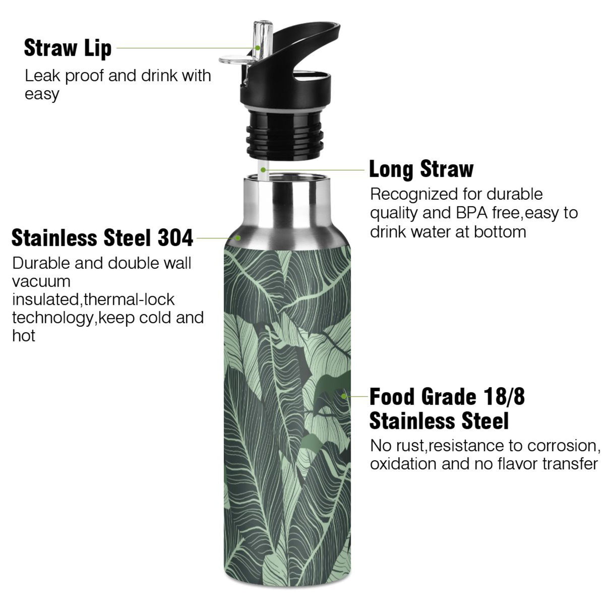 Tropical Green Leaves Stainless Steel Insulated Water Bottle with Straw Lid U5888