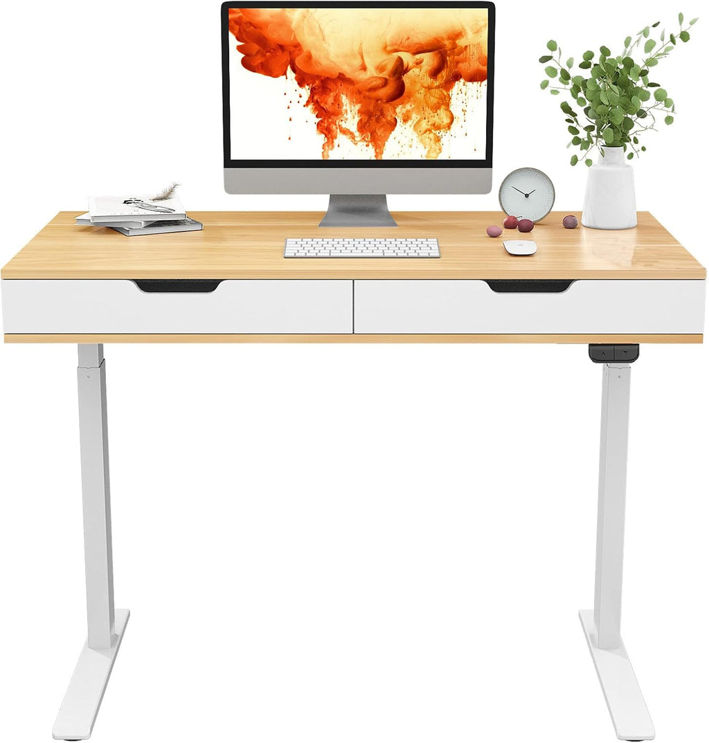 White Oak Electric Standing Desk with Drawers M572