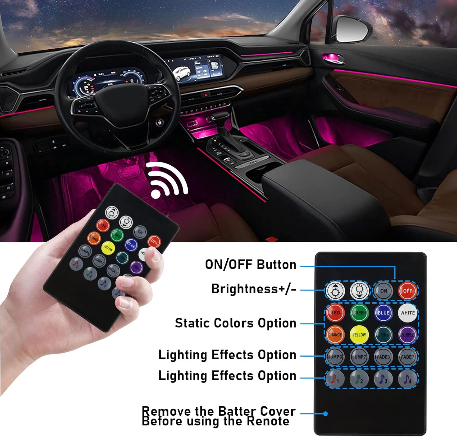 6 in 1 Car LED Strip Lights with Remote and APP Control S872441