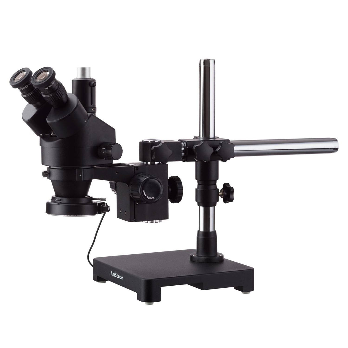 Black Trinocular Stereo Zoom Microscope on Single Arm Boom Stand with Fluorescent Ring Light B95028