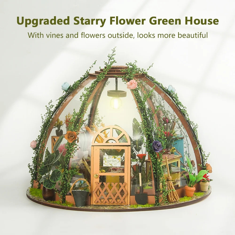 DIY Miniature Dollhouse Kit Wooden Green House LED Light Kids Toy Z79689