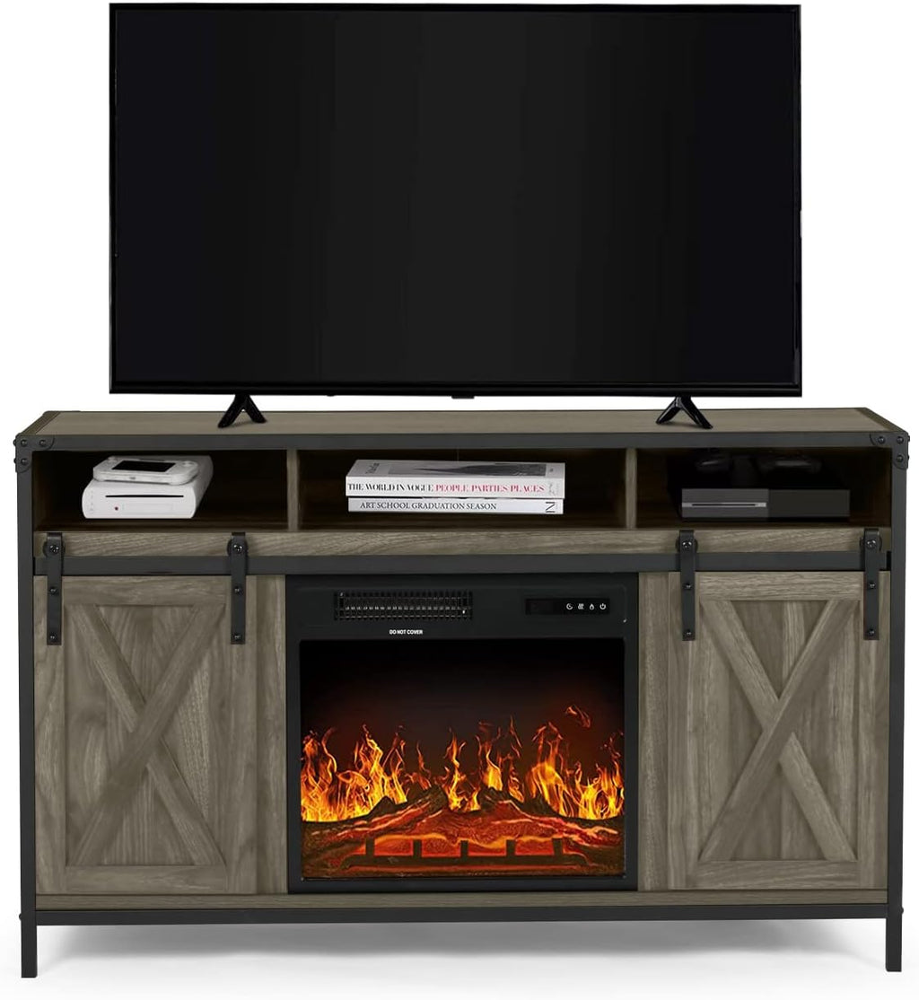 Barn Door Wood Electric Fireplace TV Stand with Storage Cabinets and Infrared Heater I803559