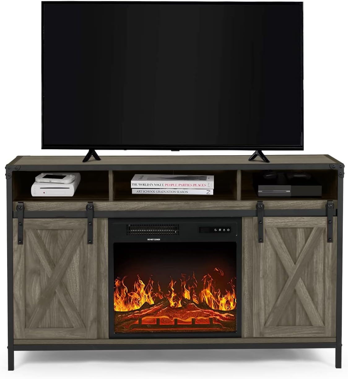 Barn Door Wood Electric Fireplace TV Stand with Storage Cabinets and Infrared Heater I803559
