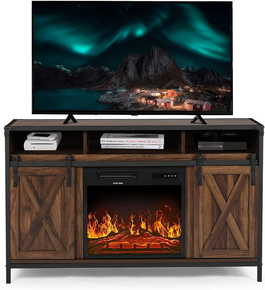 Barn Door Wood Electric Fireplace TV Stand with Storage Cabinets and Infrared Heater I803559