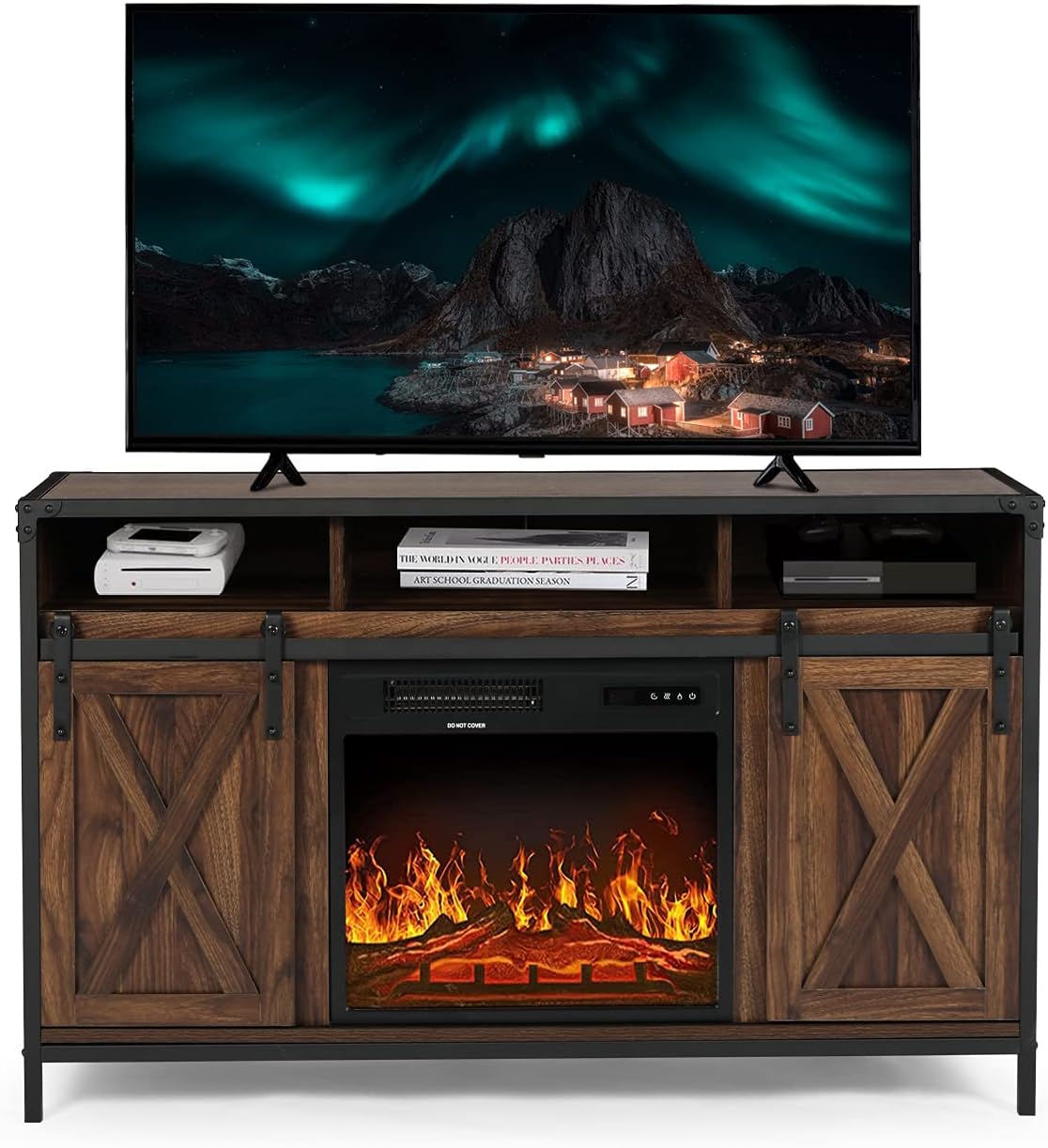 Barn Door Wood Electric Fireplace TV Stand with Storage Cabinets and Infrared Heater I803559