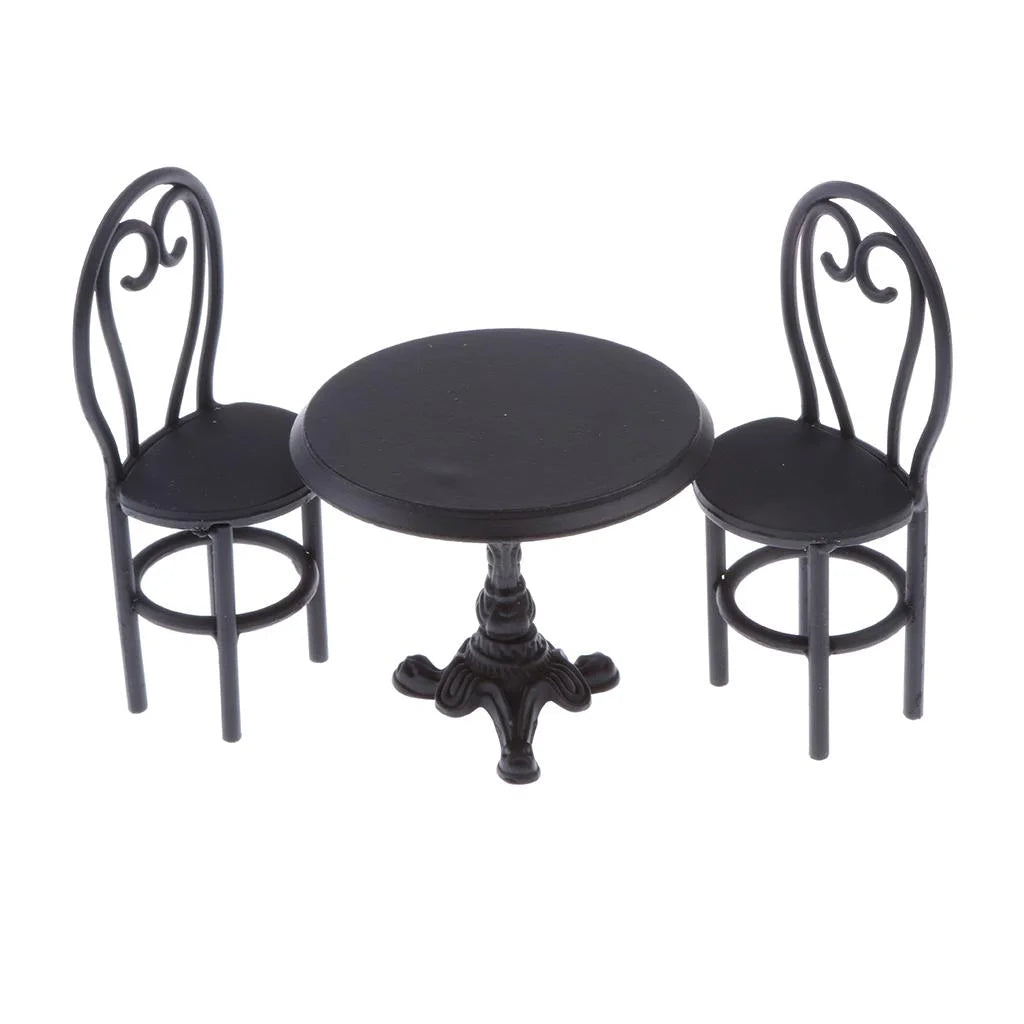 Black Dining Table Chairs Miniature Set 1:12 Dollhouse Furniture Toys W7854