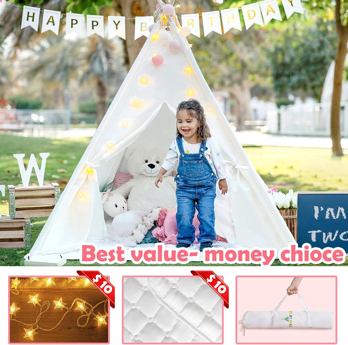 White Canvas Kids Teepee Tent with Padded Mat & Carry Case Z3516