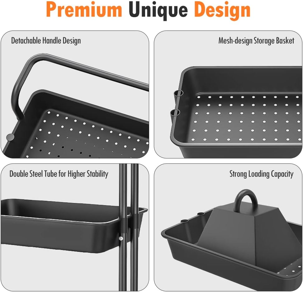 3 Tier Rolling Utility Cart with Removal Handle and 2 Lockable Wheels, Black K35398
