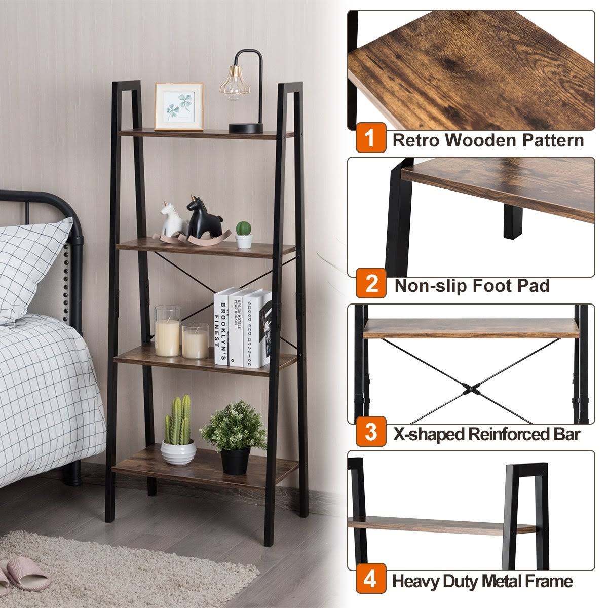 4-Tier Ladder Bookcase Shelf - Black O8508