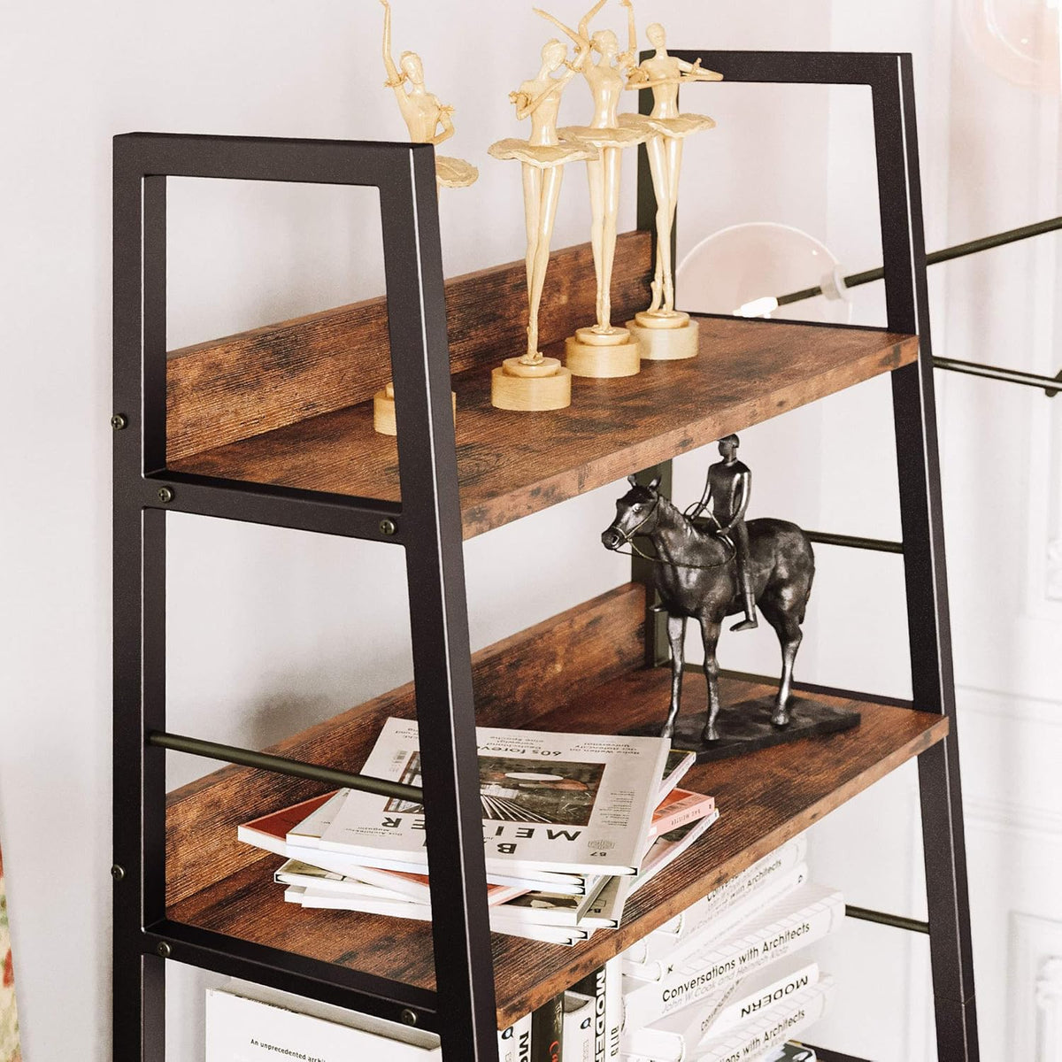 Industrial Bookshelves and Bookcases, Ladder Shelf 5 Tier with Metal Frame, Rustics Brown R92497