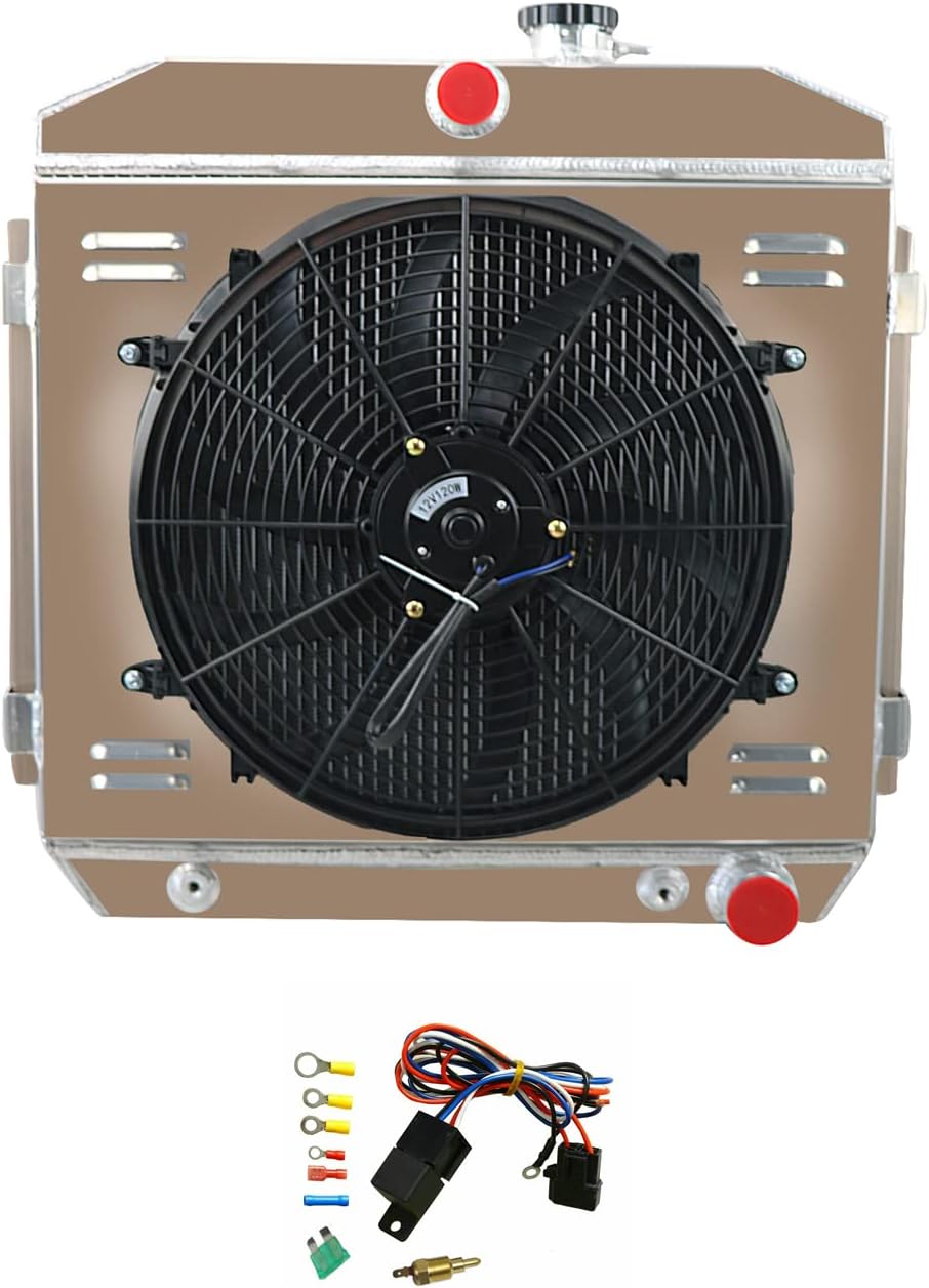 4 Row Radiator with Shroud 16" Fan for 1955-1957 Chevy Bel-Air Nomad V8 T633448