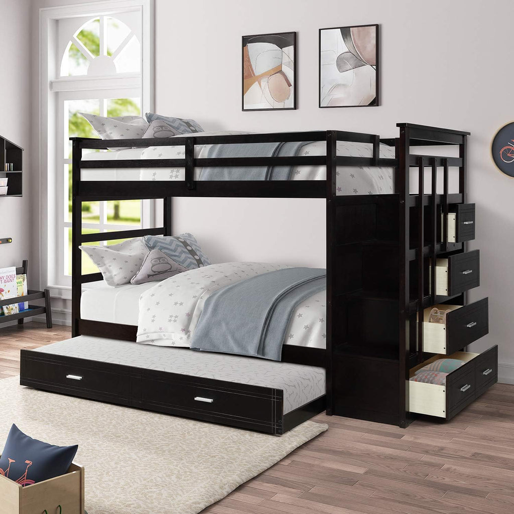 Grey Solid Wood Twin Over Twin Bunk Bed with Trundle and 4 Storage Drawers B411725