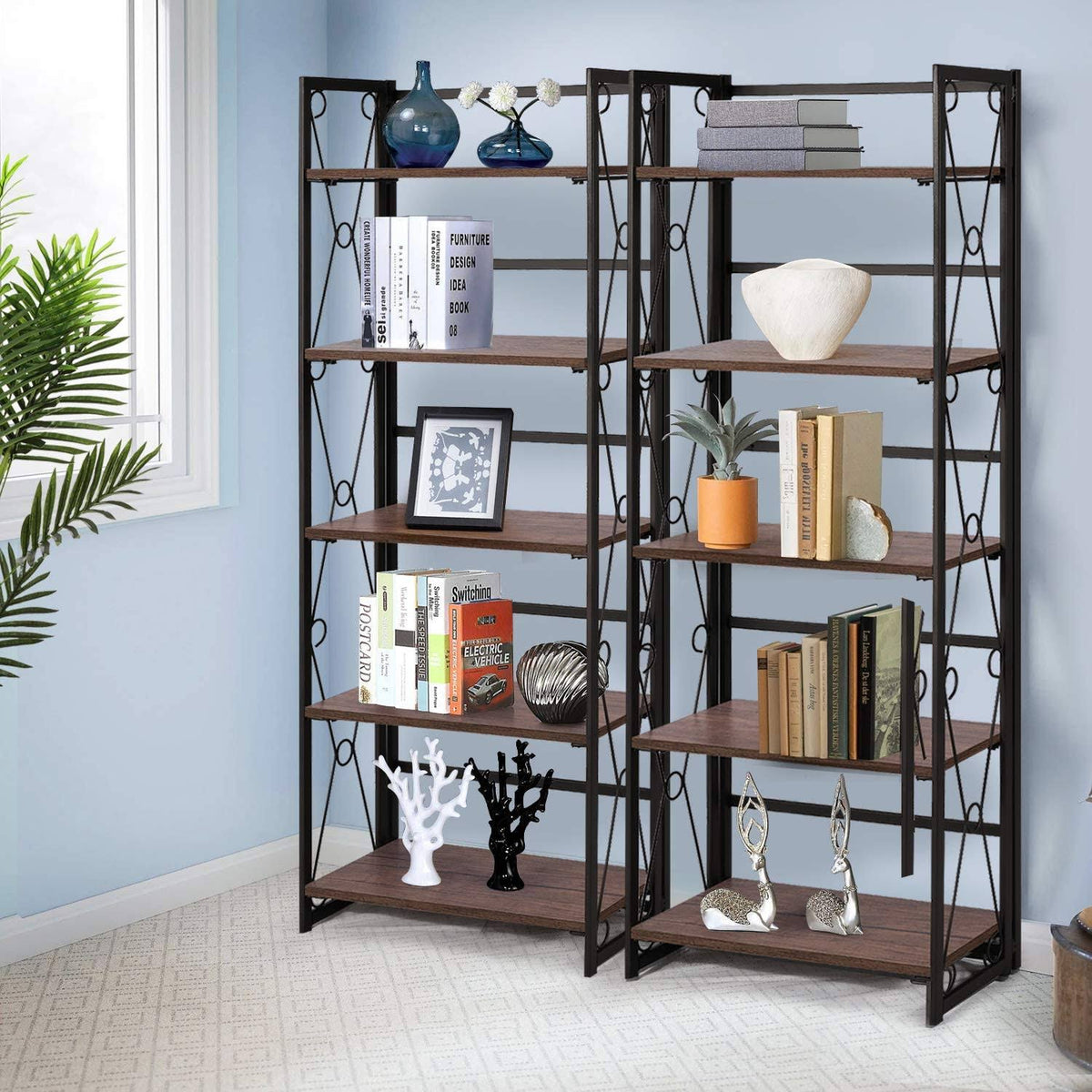 5 Tier Bookshelf Set of 2 with Metal Fram D795542