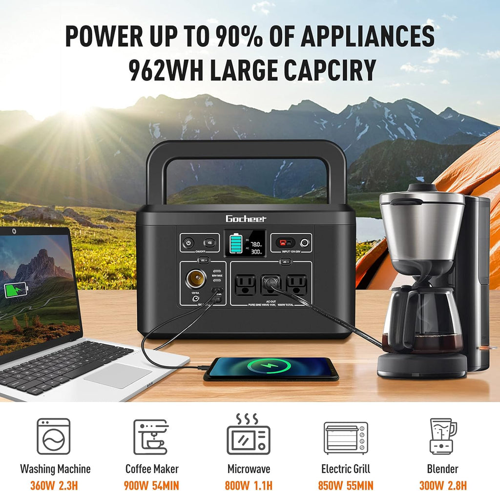 1000W Portable Power Station 962Wh 260000mAh Solar Generator with 3x110V AC Outlets T727263