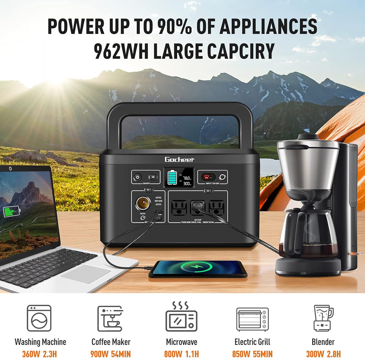 1000W Portable Power Station 962Wh 260000mAh Solar Generator with 3x110V AC Outlets T727263