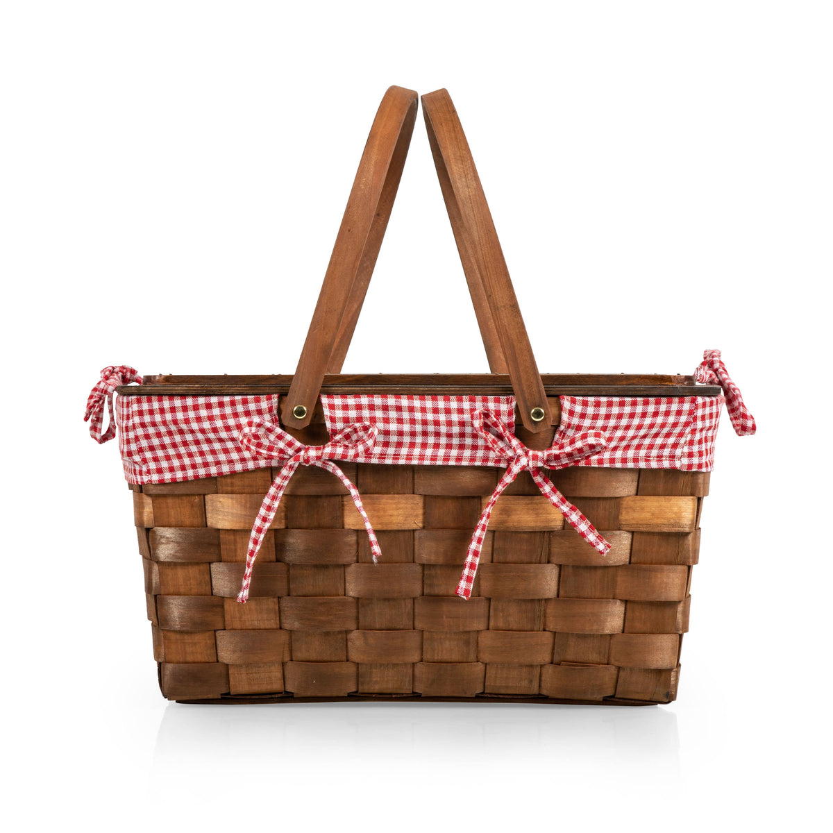 Red White Gingham Handwoven Wood Picnic Basket T923898