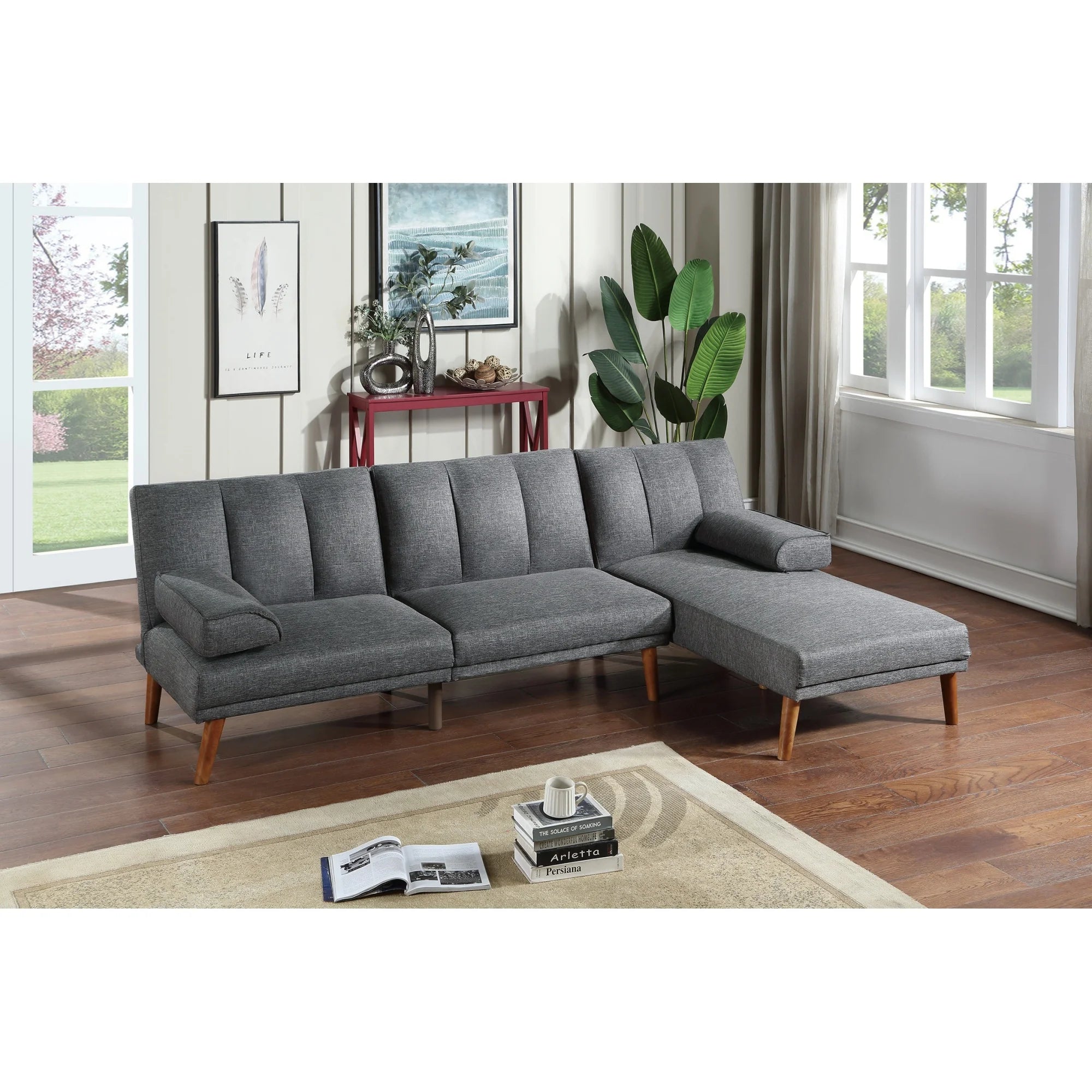 Blue Grey Polyfiber Adjustable Chaise Bed Solid Wood Legs Plush Couch T403425