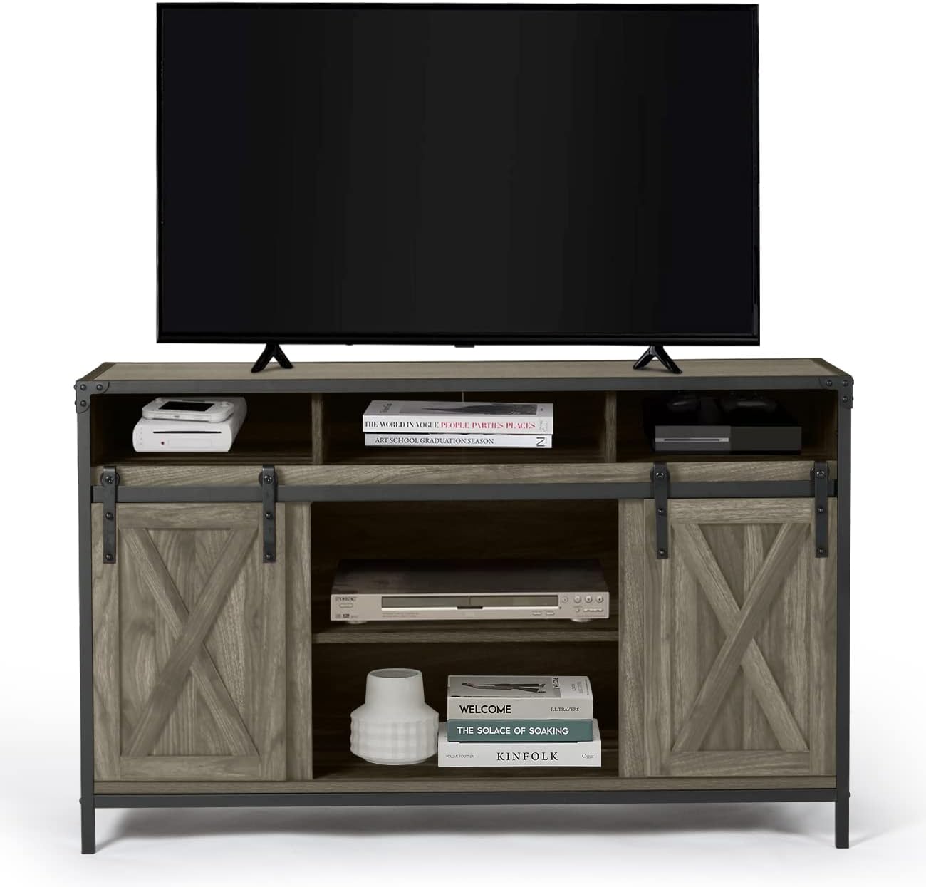 Barn Door Wood Electric Fireplace TV Stand with Storage Cabinets and Infrared Heater I803559