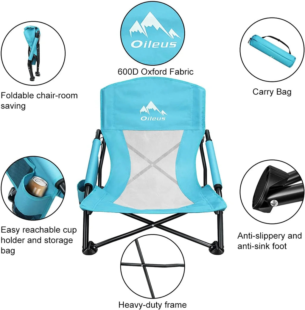 Low Beach Chair with Cup Holder & Storage Bag, Blue 1 Pack Z704