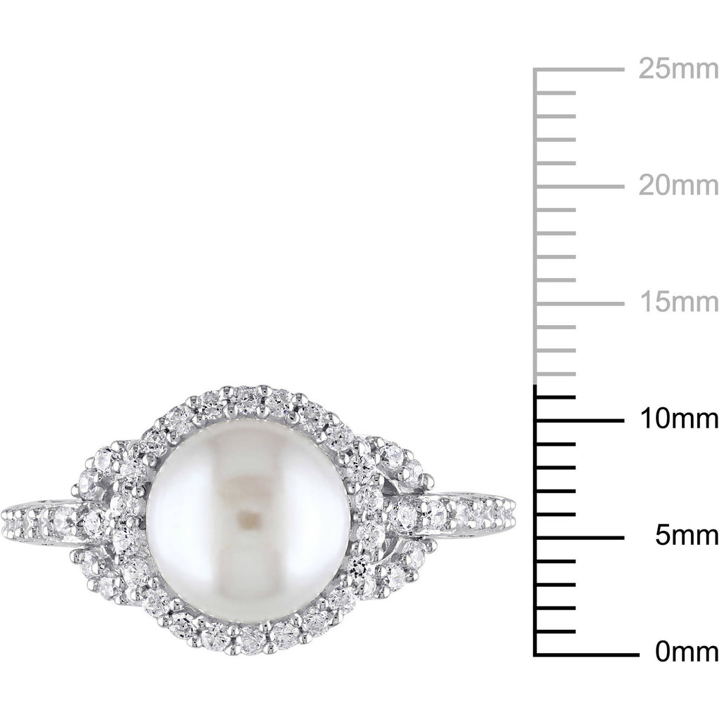 White Cultured Freshwater Pearl Cubic Zirconia Halo Sterling Silver Ring W681476