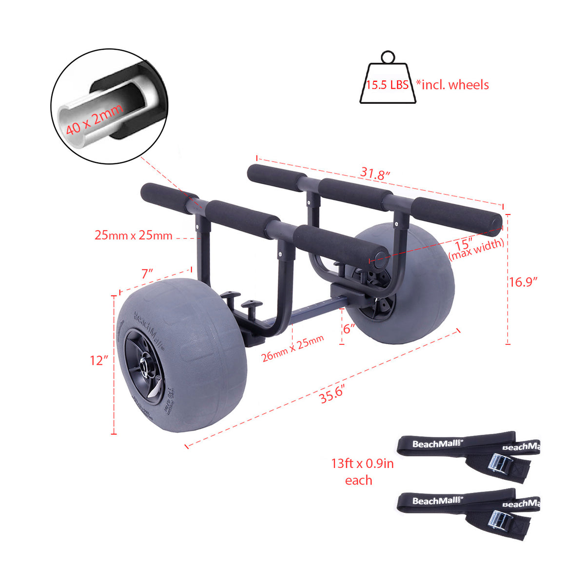 Heavy Duty Kayak Cart Dolly with Inflatable Balloon Beach Wheels, 330 lbs Weight Rating, Foldable Carrier, Adjustable Hull Bars E679207