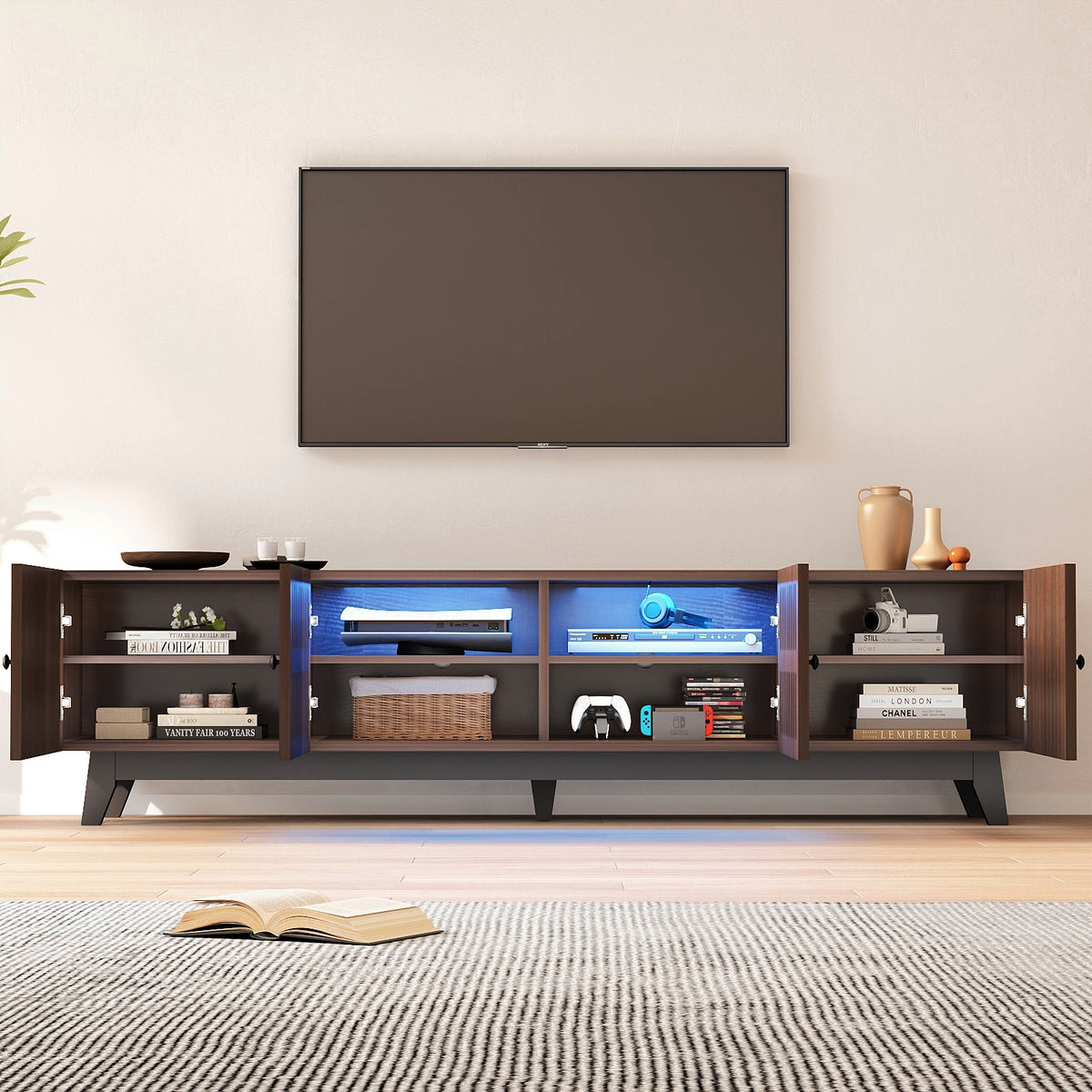 Brown 66 in TV Stand with Storage and LED Light V14270