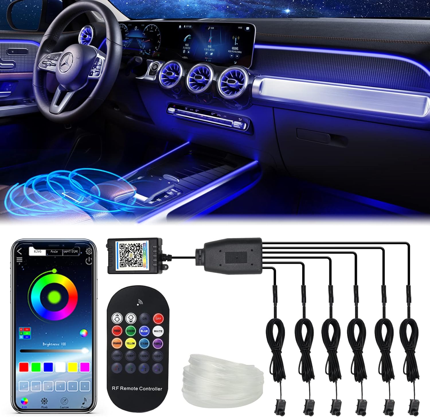 6 in 1 Car LED Strip Lights with Remote and APP Control S872441