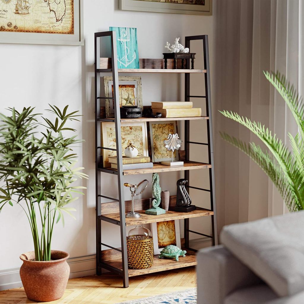 Industrial Bookshelves and Bookcases, Ladder Shelf 5 Tier with Metal Frame, Rustics Brown R92497