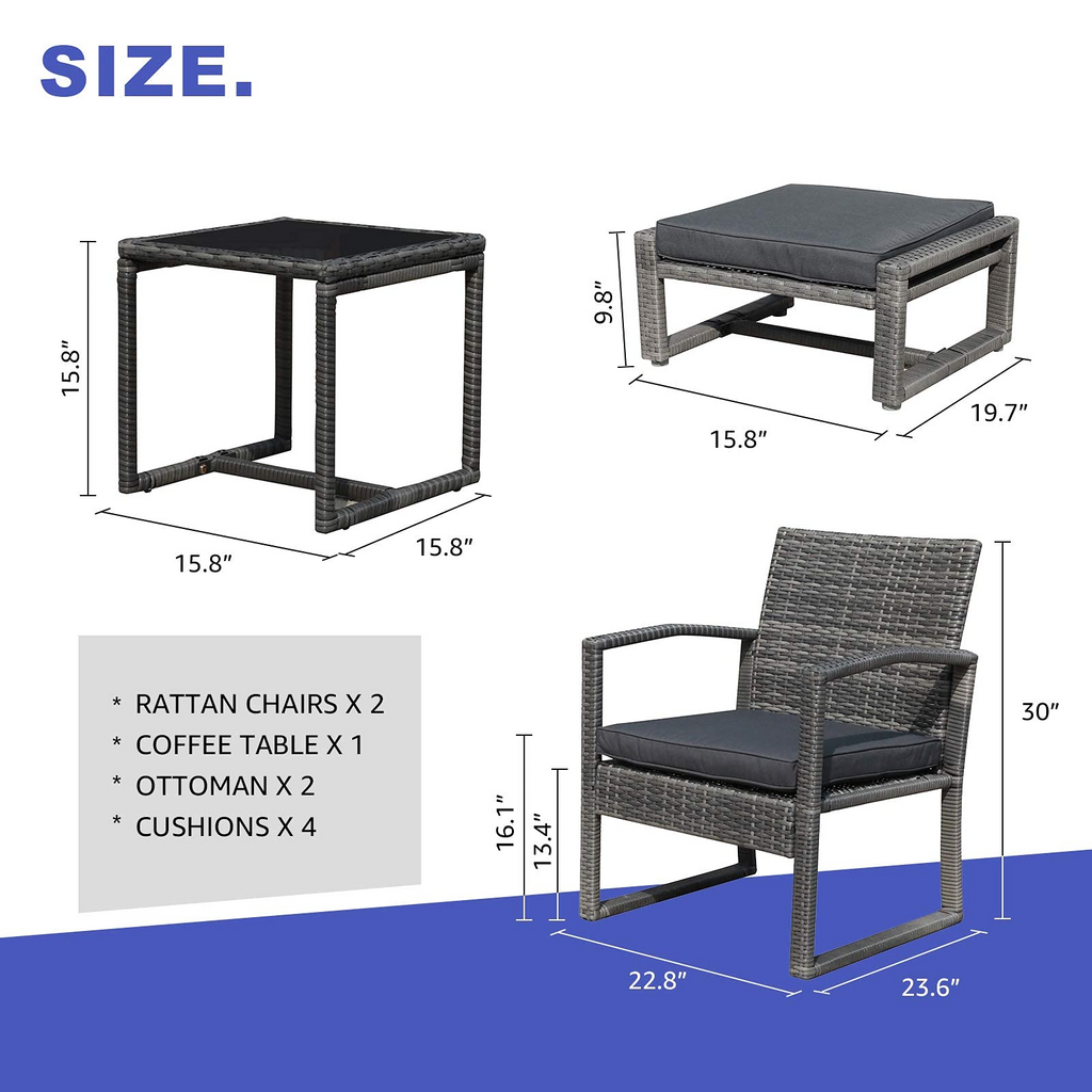 5 Piece Outdoor Patio Wicker Furniture Set with Ottomans Dark Grey R2315